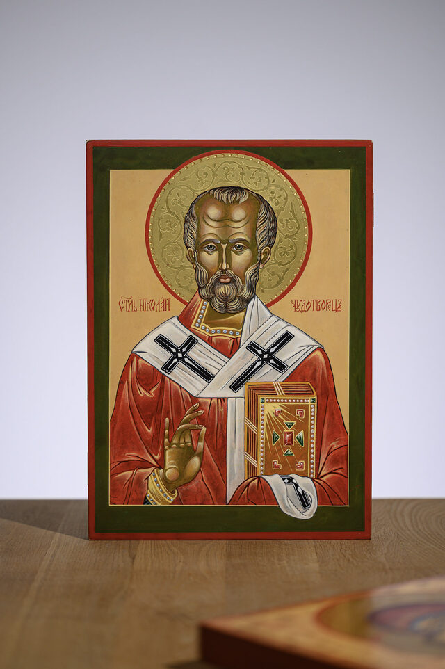 St Nicholas the Wonderworker — the same board on the studio work table