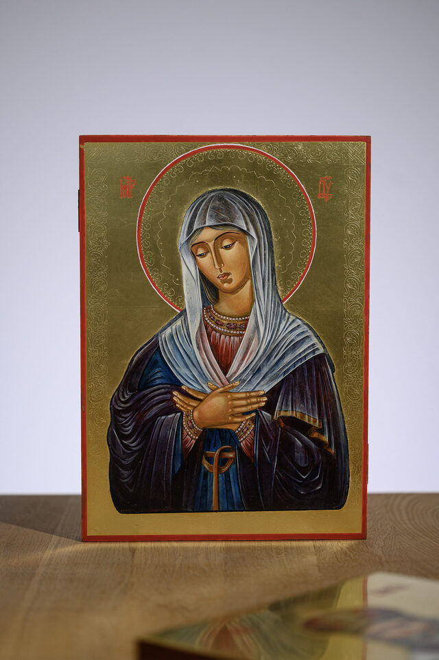 The Umilenie Icon — the same board on the studio work table